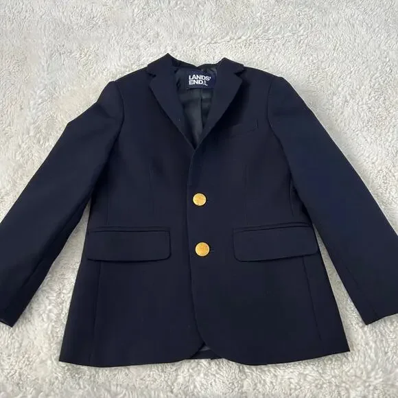 Lands End Little Boys Navy Blue 2 Button Blazer Sz 5 Wool Blend Preppy - Picture 1 of 6